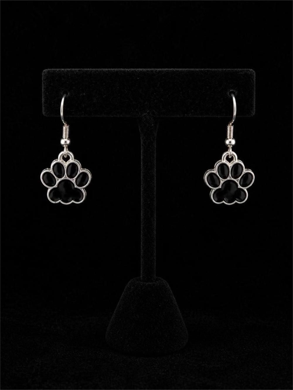 Black and Silver Paw Print Dangle Earrings